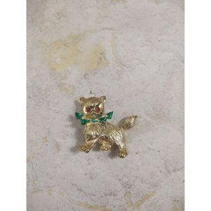 Vintage Cat Pin Brooch Christmas Holiday Colors Gold Tone Estate Jewelry